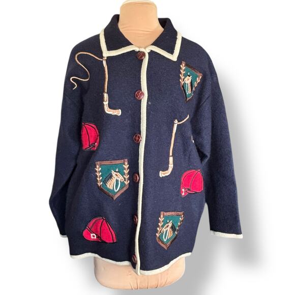 Vintage Polo Collar Knit Wool Equestrian Horse Cardigan Sweater Navy Blue Medium - Picture 1 of 11
